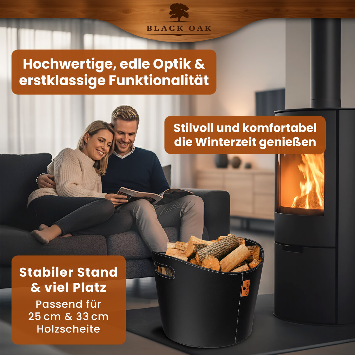 BLACK OAK DAKOTA L 40L Holzkorb Kunstleder schwarz + Handschuhe grau von BLACK OAK
