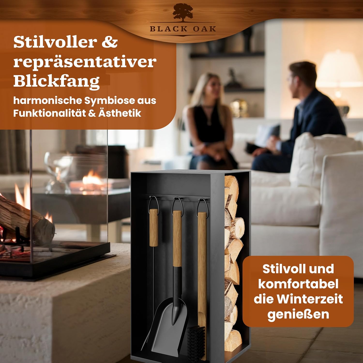BLACK OAK Kaminbesteck Aspen 4-teilig schwarz mit Holzgriffen von BLACK OAK