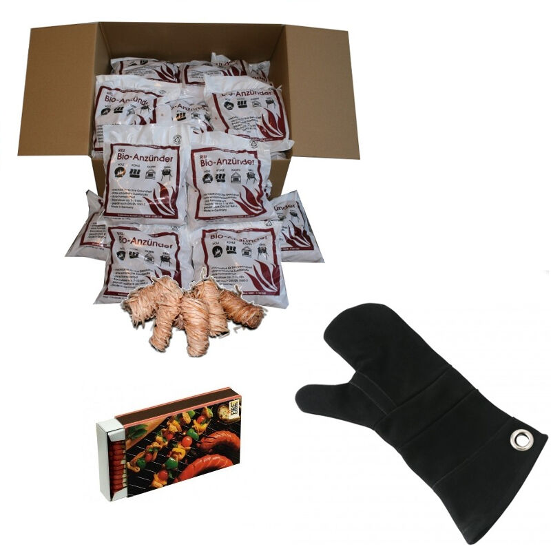 25 Tüten Ritz Bio Kamin & Grill Anzünder + Leder Hitzeschutzhandschuh + 50 Streichhölzer von Feuer-Anzünder.de