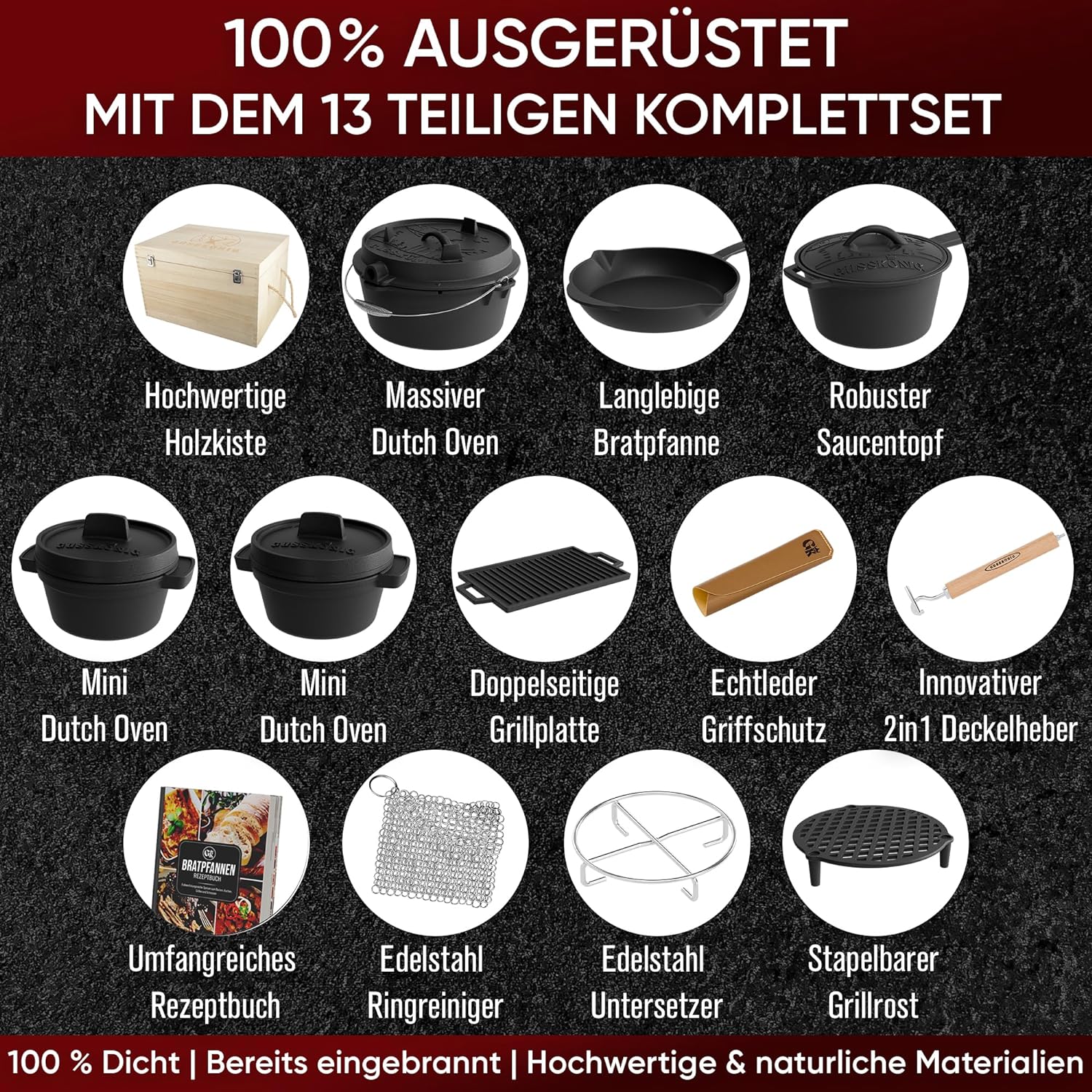 GUSSKÖNIG Dutch Oven Set 13-teilig - bereits eingebranntes Gusseisen Topf Set  von GUSSKÖNIG