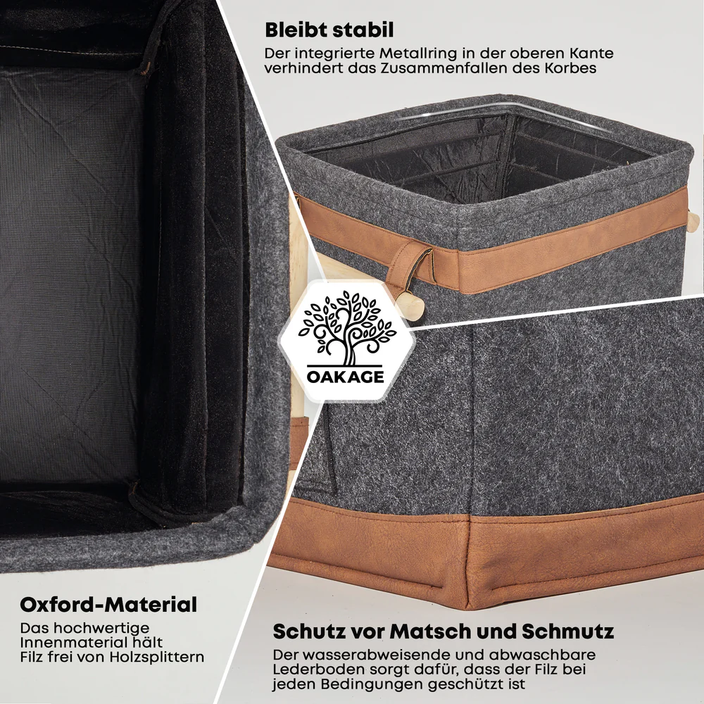 OAKAGE FireMaster Holzkorb Dunkelgrau Filz / Veganes Leder - 42x32x35cm von OAKAGE