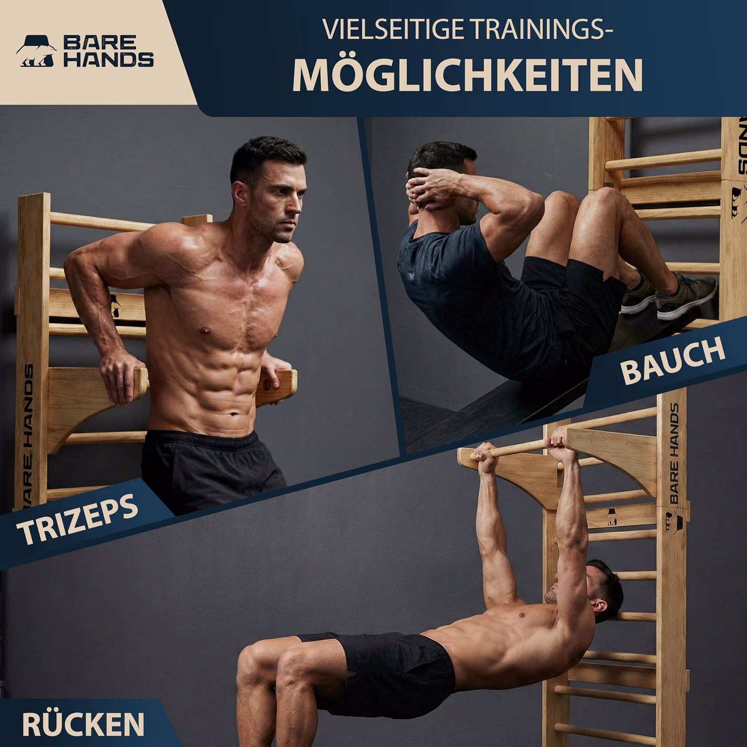 BARE HANDS 3in1 Sprossenwand aus Holz mit Klimmzugstange & Dipstange | Home Gym für Erwachsene & Kinder | bis 200 kg von BARE HANDS