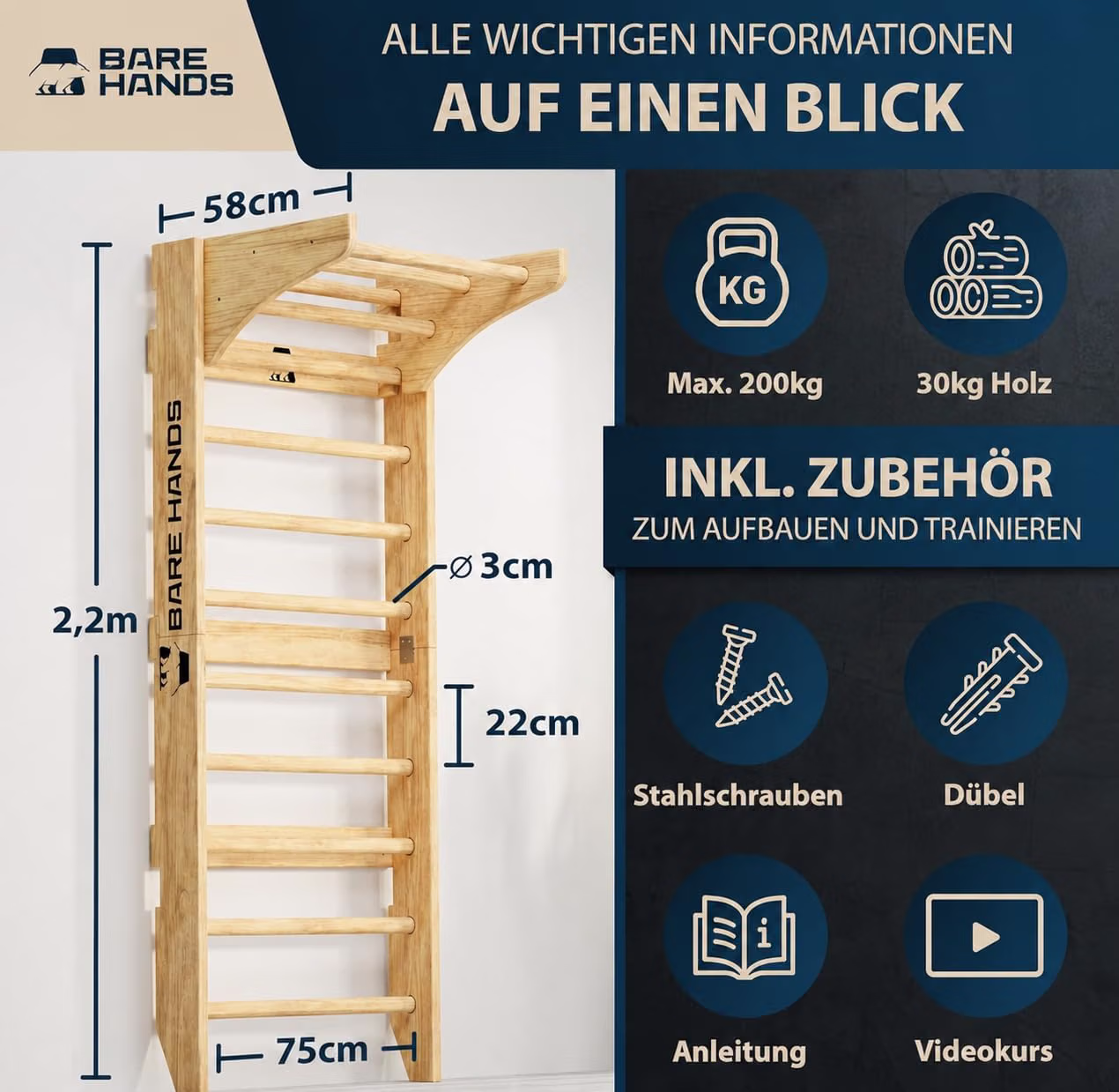 BARE HANDS 3in1 Sprossenwand aus Holz mit Klimmzugstange & Dipstange | Home Gym für Erwachsene & Kinder | bis 200 kg von BARE HANDS