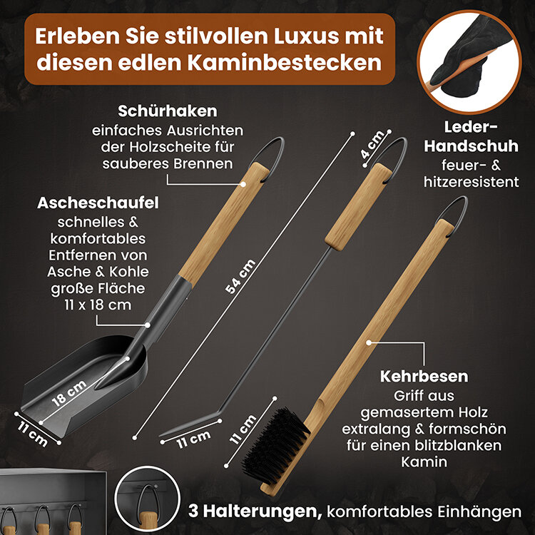 BLACK OAK Kaminbesteck Aspen 4-teilig schwarz mit Holzgriffen inkl. Lederhandschuh von BLACK OAK
