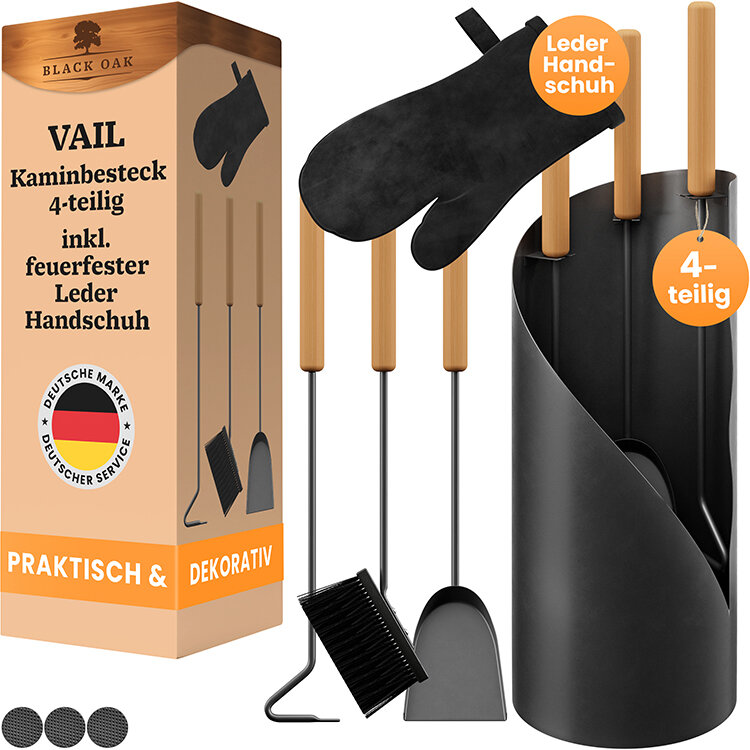 BLACK OAK Kaminbesteck Vail 4-teilig mit Holzgriff inkl. Lederhandschuh von BLACK OAK
