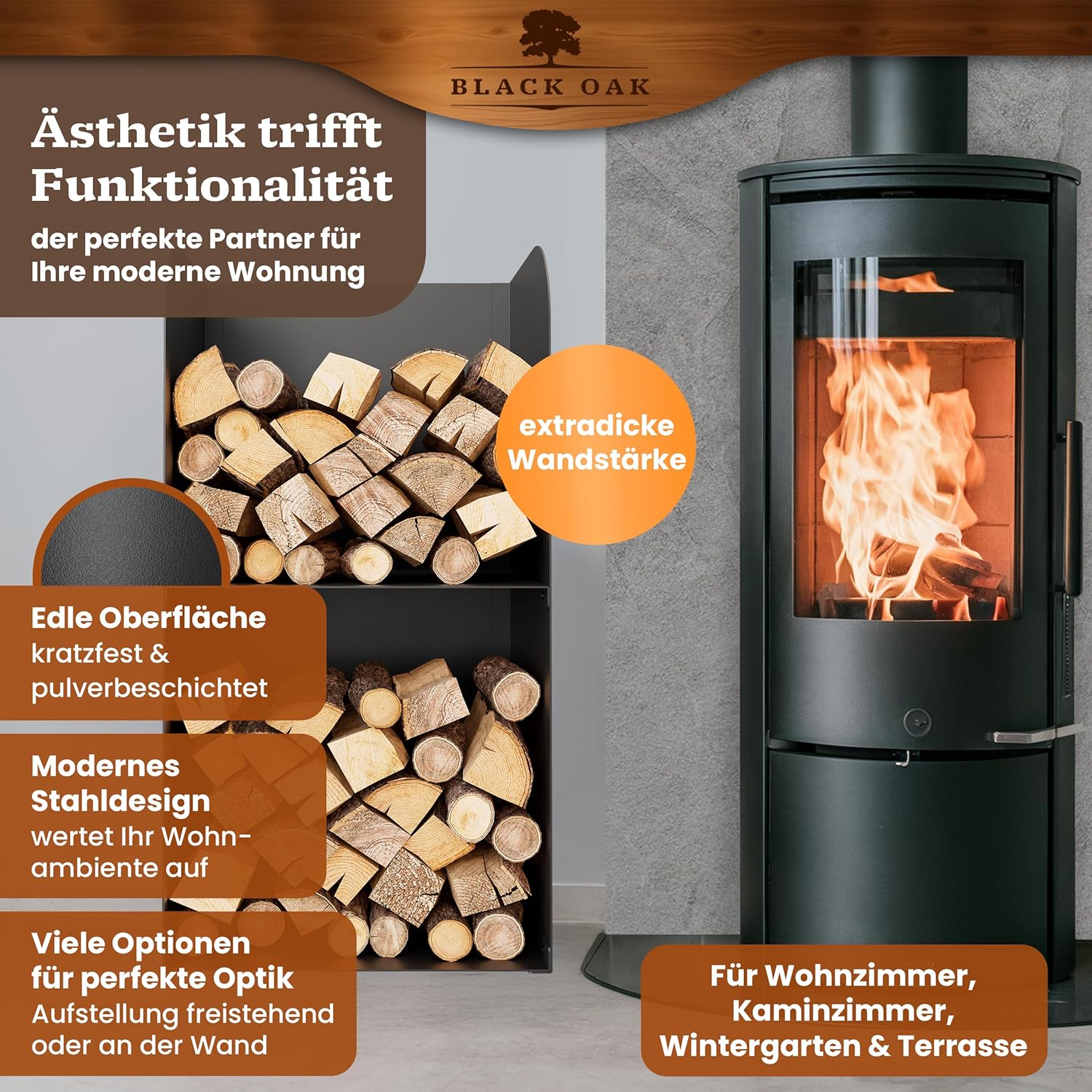 BLACK OAK Kaminholzregal Yosemite schwarz bis 200kg - 80 × 40 × 30 cm von BLACK OAK