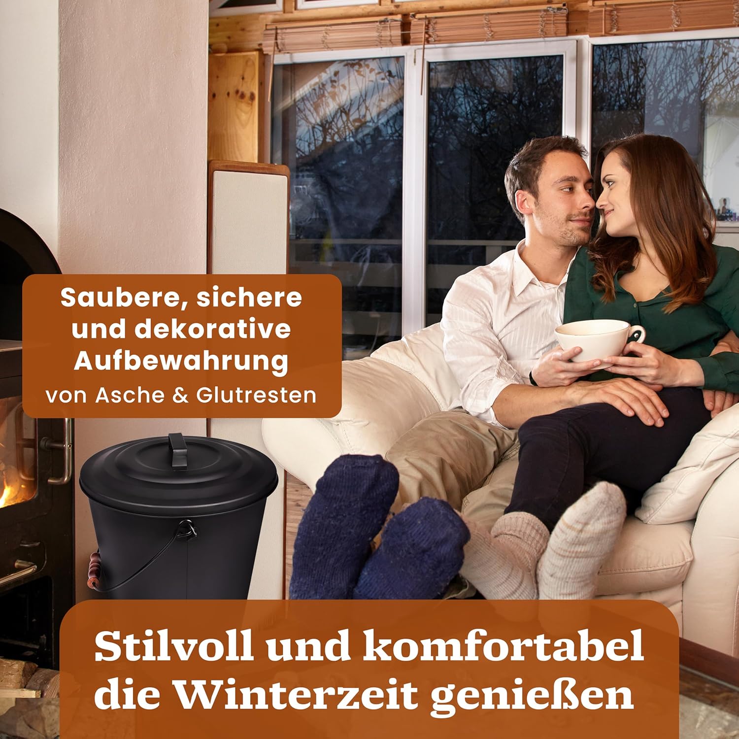 BLACK OAK Asche & Kohle Eimer SANTORINI 25 Liter mit Schaufel & Handfeger von BLACK OAK