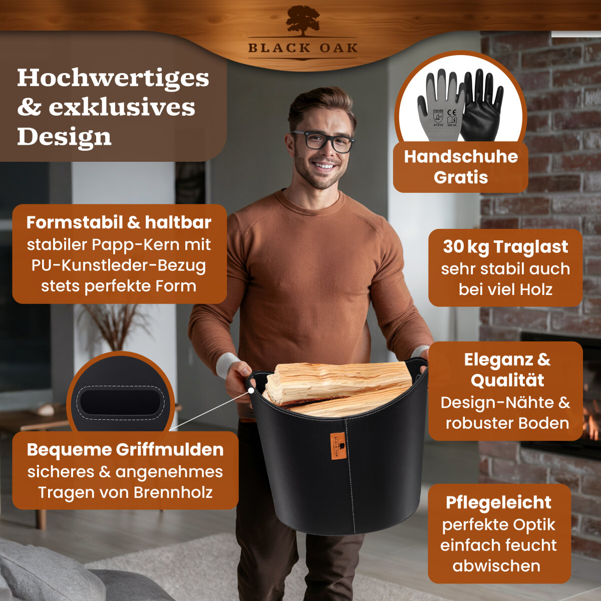 BLACK OAK DAKOTA L 40L Holzkorb Kunstleder schwarz + Handschuhe grau von BLACK OAK