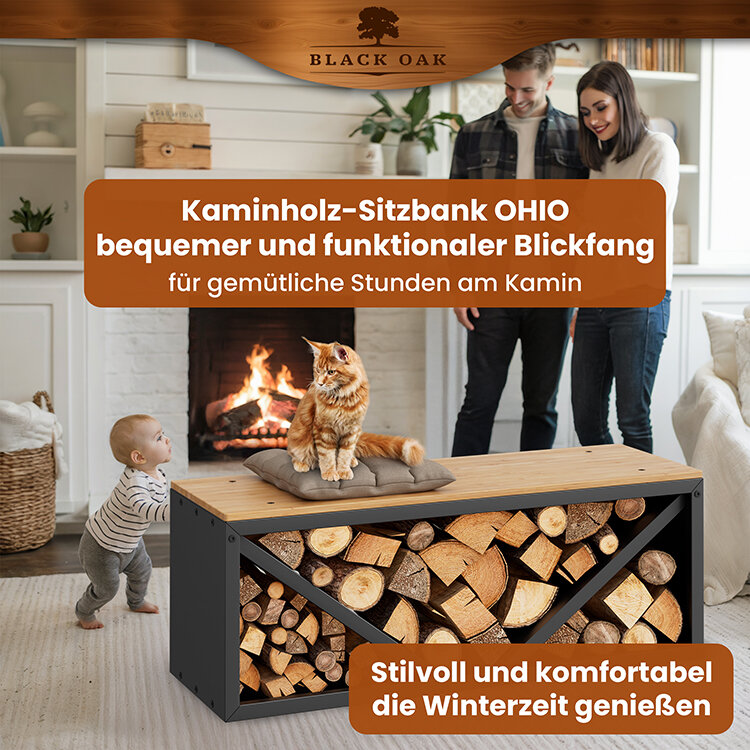 BLACK OAK Kaminholzbank Ohio schwarz matt bis 400kg - 102 × 41 × 35 cm inkl. Lederhandschuh von BLACK OAK