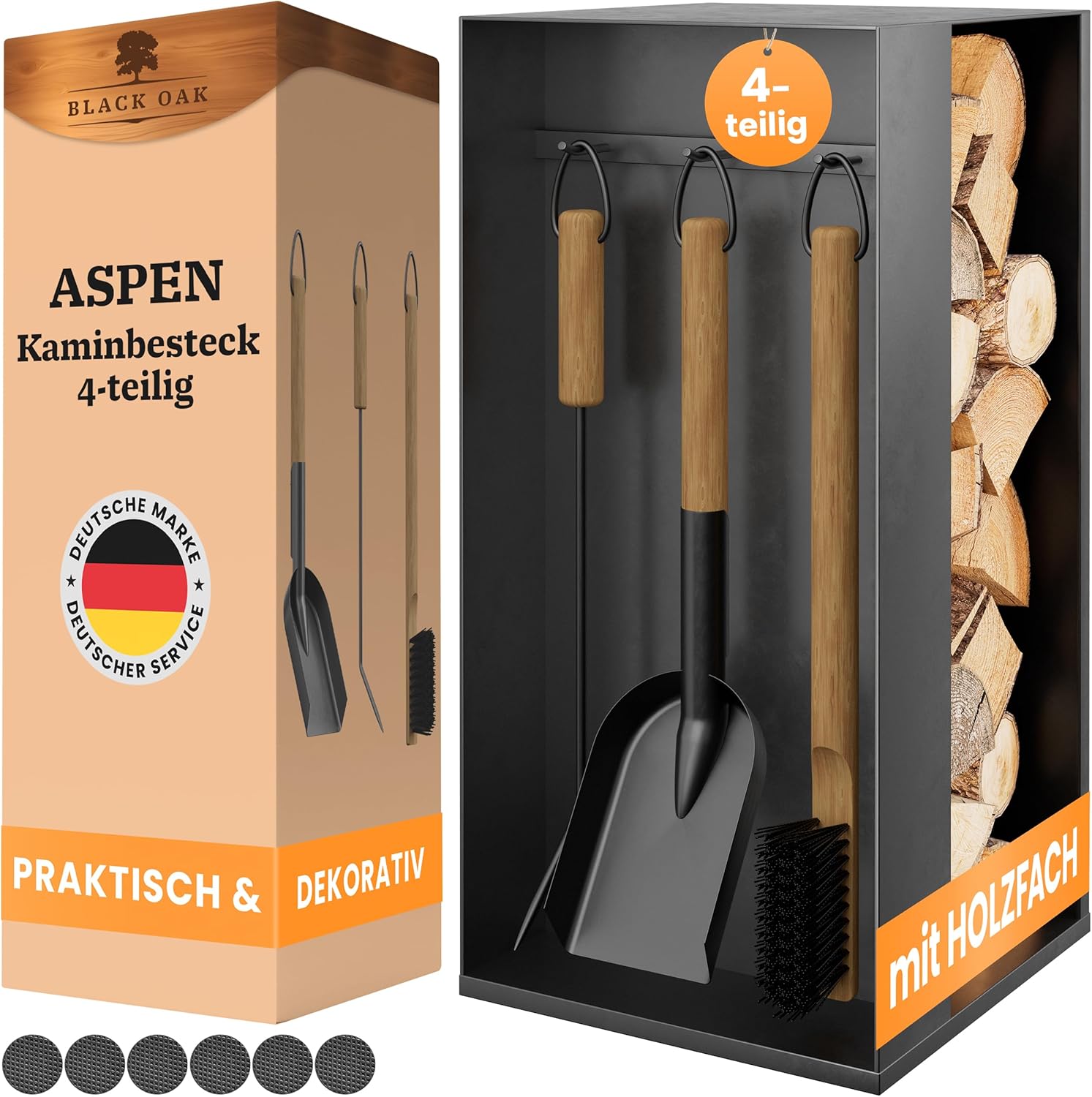 BLACK OAK Kaminbesteck Aspen 4-teilig schwarz mit Holzgriffen von BLACK OAK