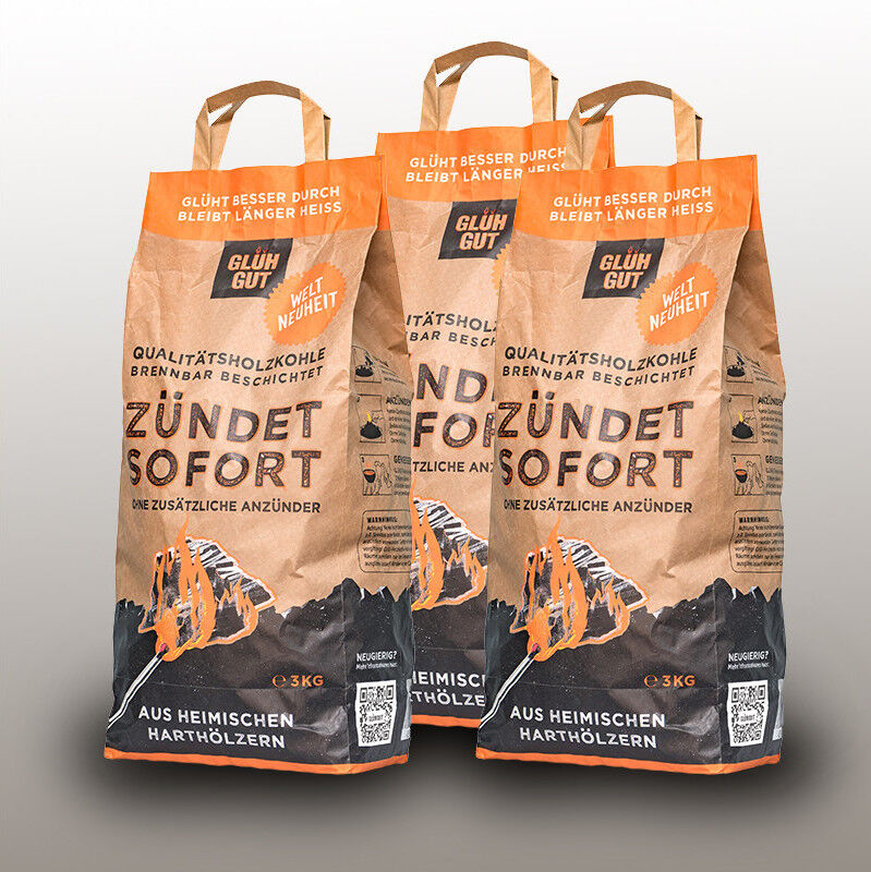 9kg GLÜHGUT | Zündbeschichtete Qualitätsholzkohle | FSC® Zertifiziert | EINFACH - SCHNELL - SICHER von GLÜHGUT