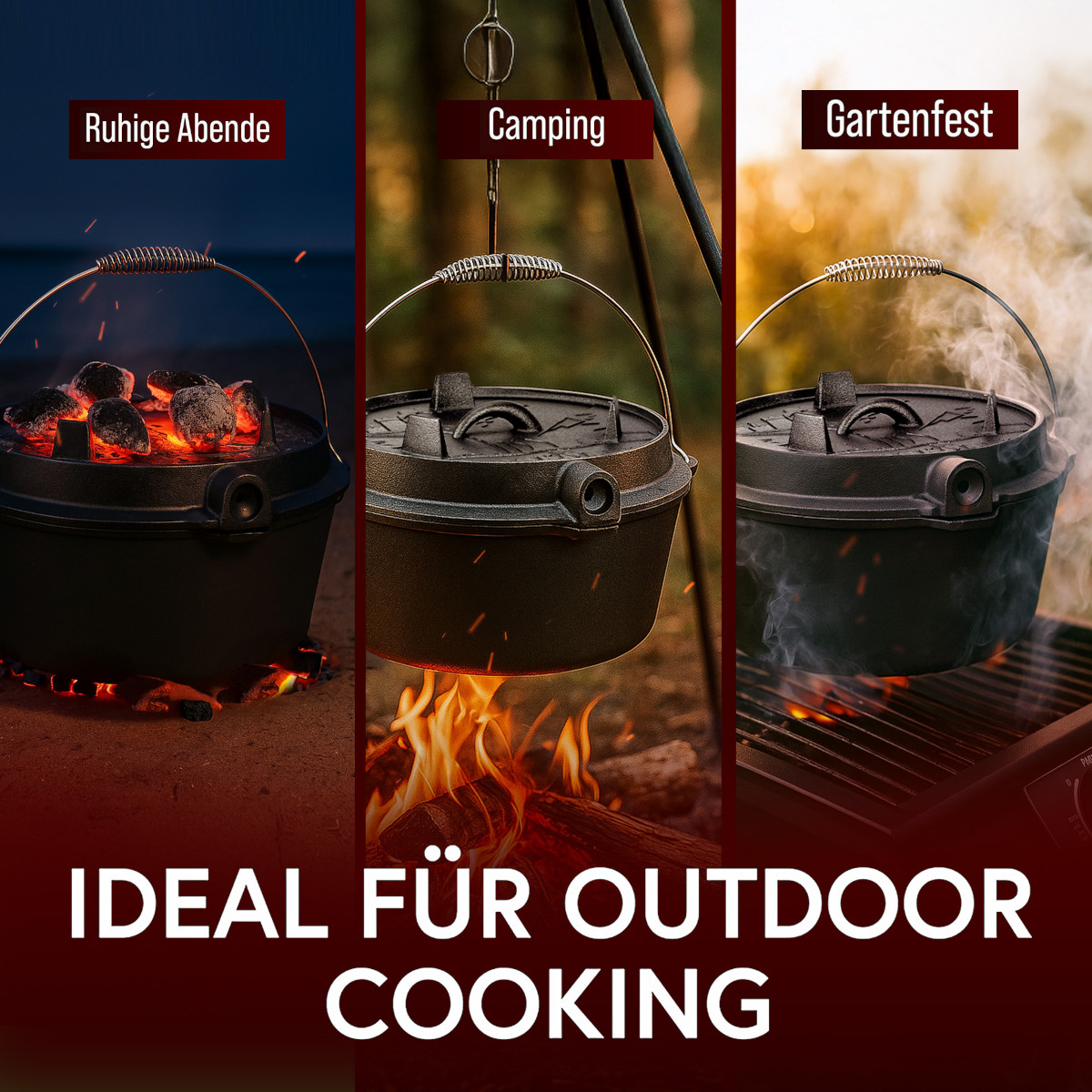 GUSSKÖNIG 4,5 Liter Dutch Oven Set ohne Füße | Eingebrannter Feuertopf | 2in1 Deckelheber | Bürste von GUSSKÖNIG