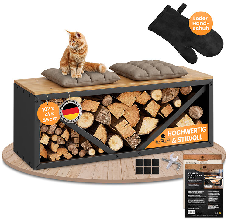 BLACK OAK Kaminholzbank Ohio schwarz matt bis 400kg - 102 × 41 × 35 cm inkl. Lederhandschuh von BLACK OAK