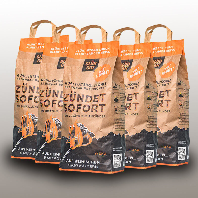 15kg GLÜHGUT | Zündbeschichtete Qualitätsholzkohle | FSC® Zertifiziert | EINFACH - SCHNELL - SICHER von GLÜHGUT