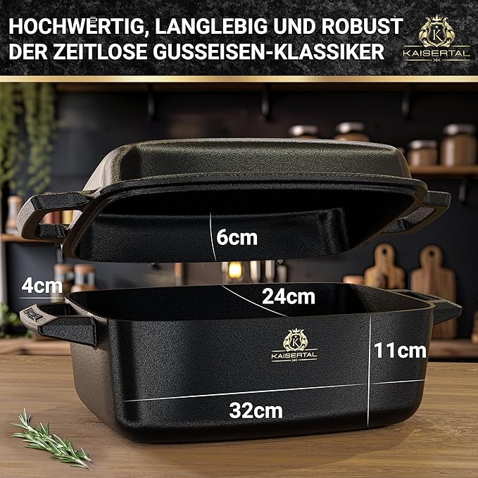 KAISERTAL Gusseisen Bräter 32 cm mit Deckel 10 Liter - Eingebrannt von KAISERTAL