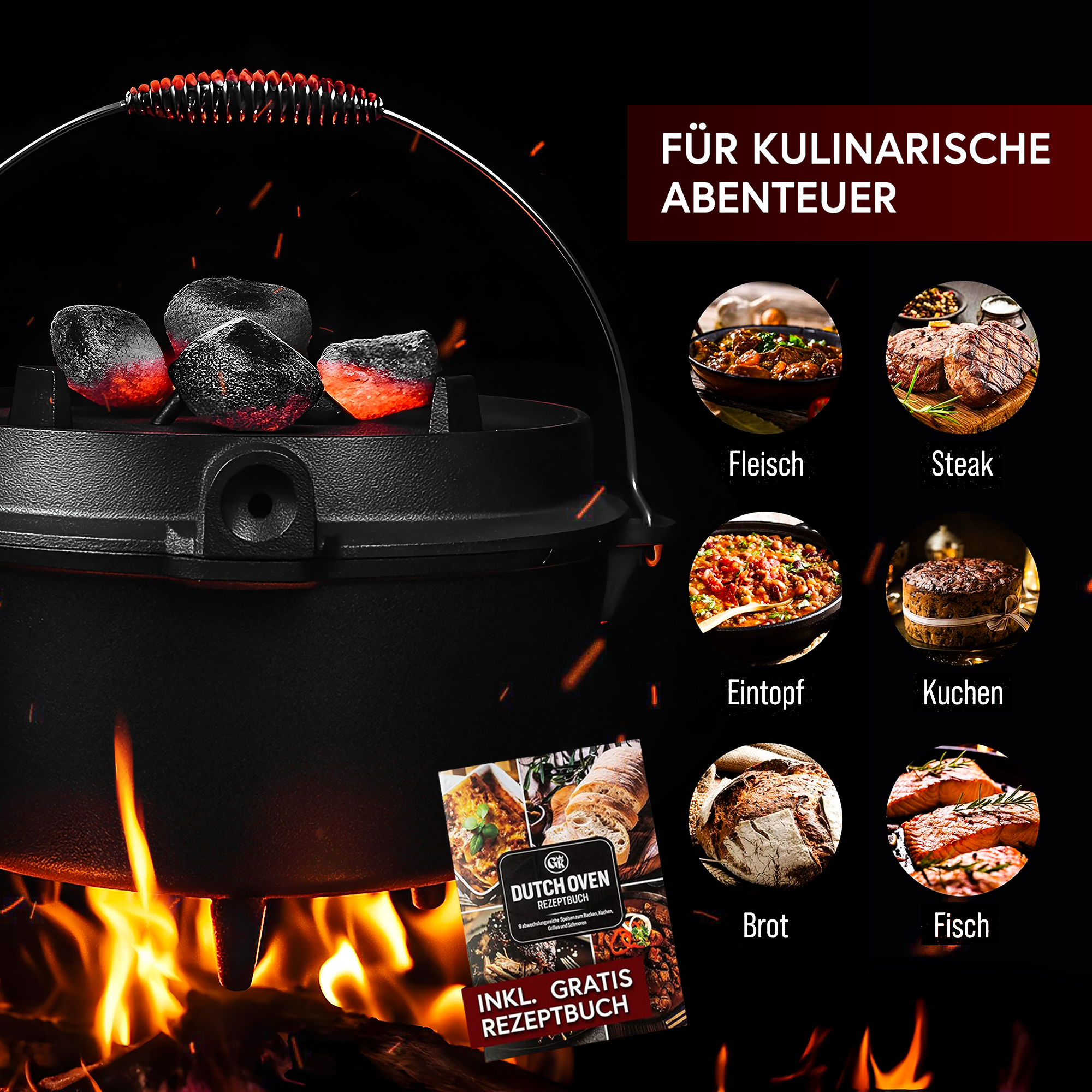 GUSSKÖNIG 9 Liter Dutch Oven Set mit Füßen mit 2in1 Deckelheber von GUSSKÖNIG