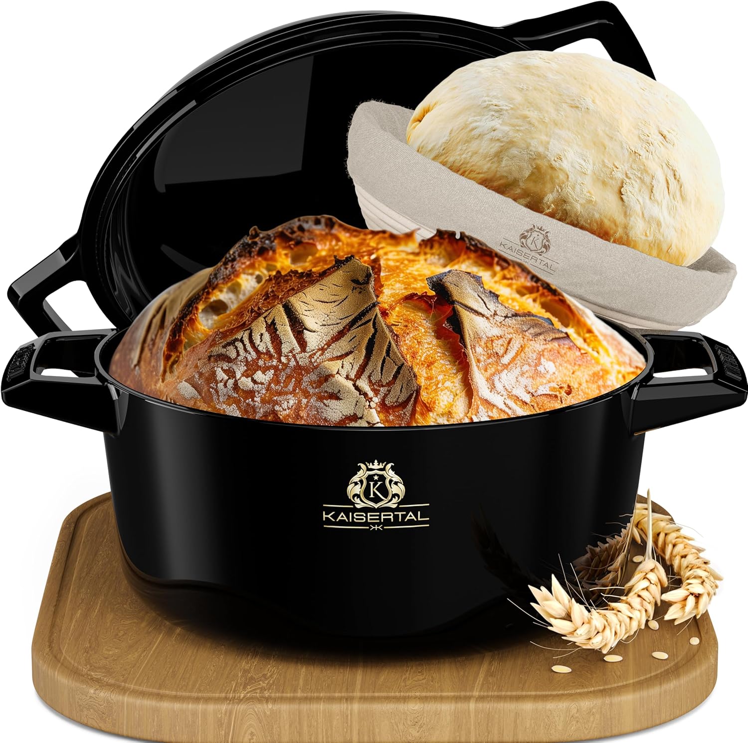 KAISERTAL Emailliert Gusseisen Brotbackform mit Deckel 26cm - inkl. Gärkorb von KAISERTAL