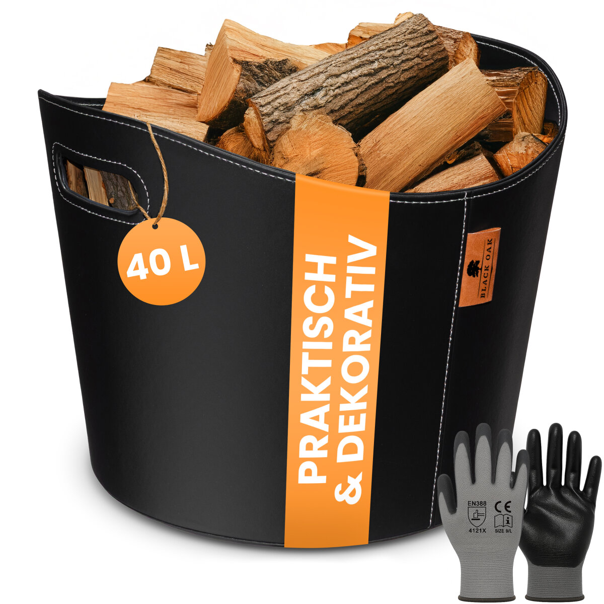 BLACK OAK DAKOTA L 40L Holzkorb Kunstleder schwarz + Handschuhe grau von BLACK OAK