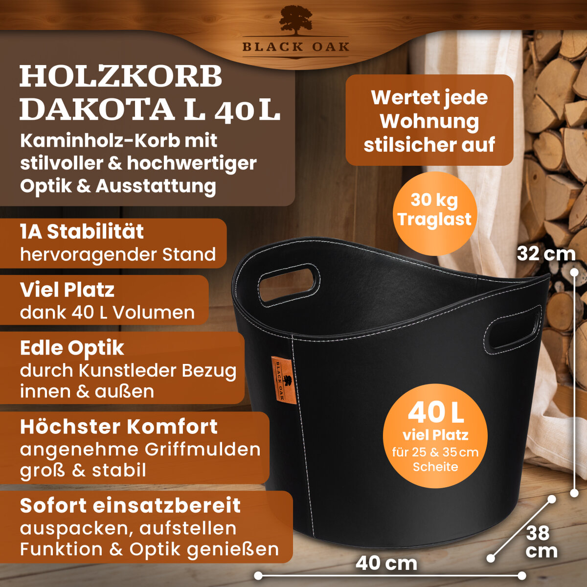 BLACK OAK DAKOTA L 40L Holzkorb Kunstleder schwarz + Handschuhe grau von BLACK OAK