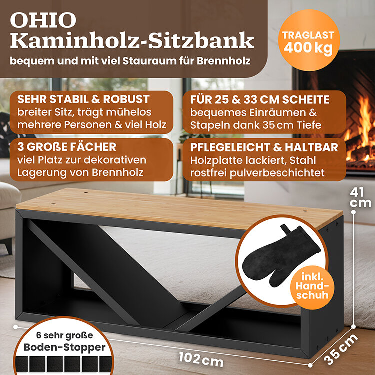 BLACK OAK Kaminholzbank Ohio schwarz matt bis 400kg - 102 × 41 × 35 cm inkl. Lederhandschuh von BLACK OAK