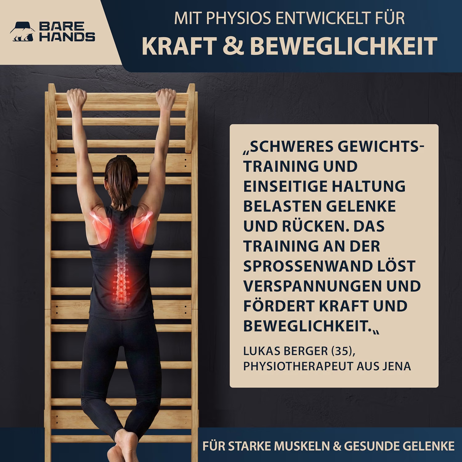 BARE HANDS 3in1 Sprossenwand aus Holz mit Klimmzugstange & Dipstange | Home Gym für Erwachsene & Kinder | bis 200 kg von BARE HANDS