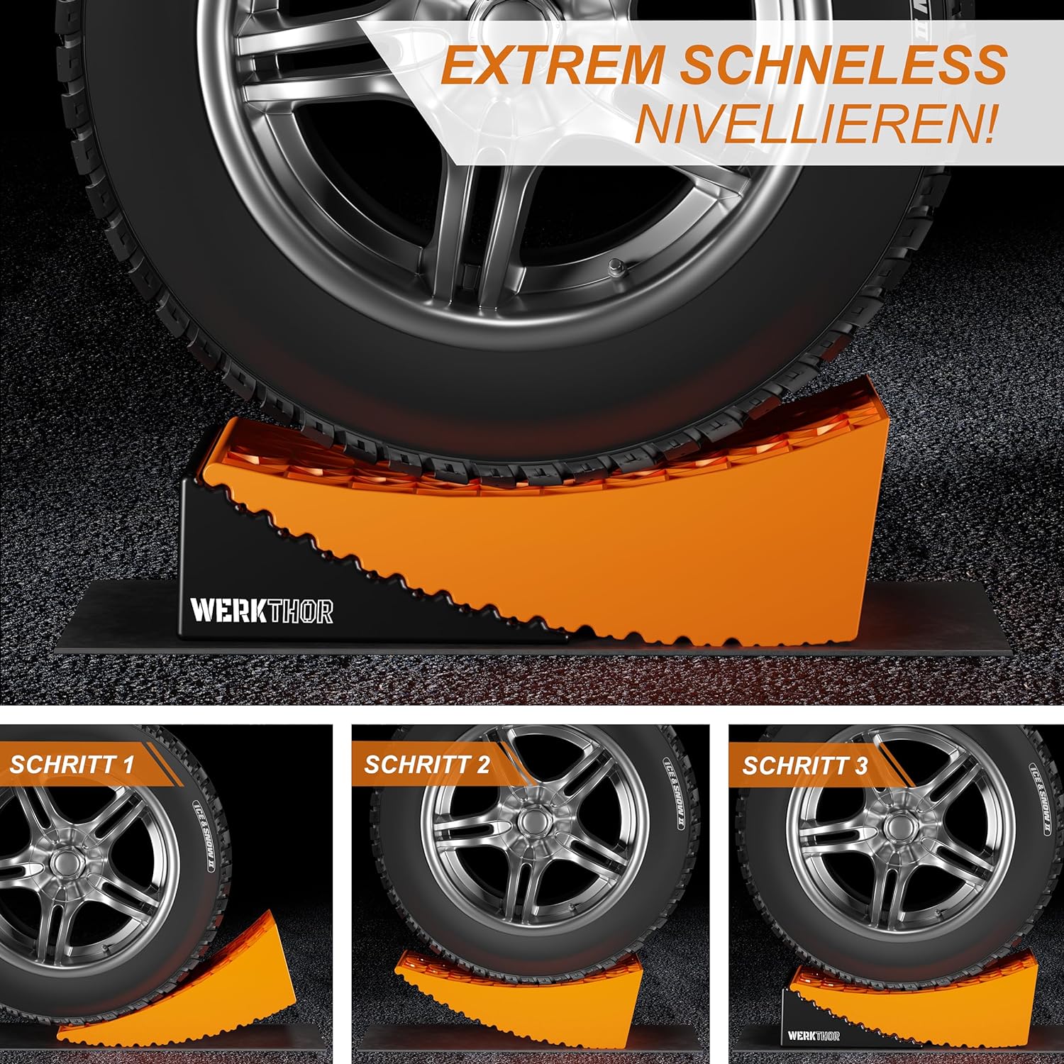 WERKTHOR Auffahrkeile 2er Set Orange / Schwarz | Wohnmobil & Wohnwagen & VAN & Anhänger  von WERKTHOR