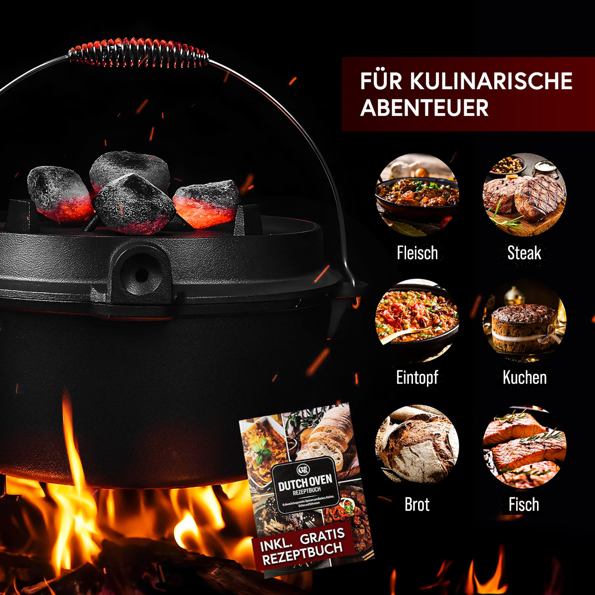GUSSKÖNIG 4,5 Liter Dutch Oven Set ohne Füße | Eingebrannter Feuertopf | 2in1 Deckelheber | Bürste von GUSSKÖNIG