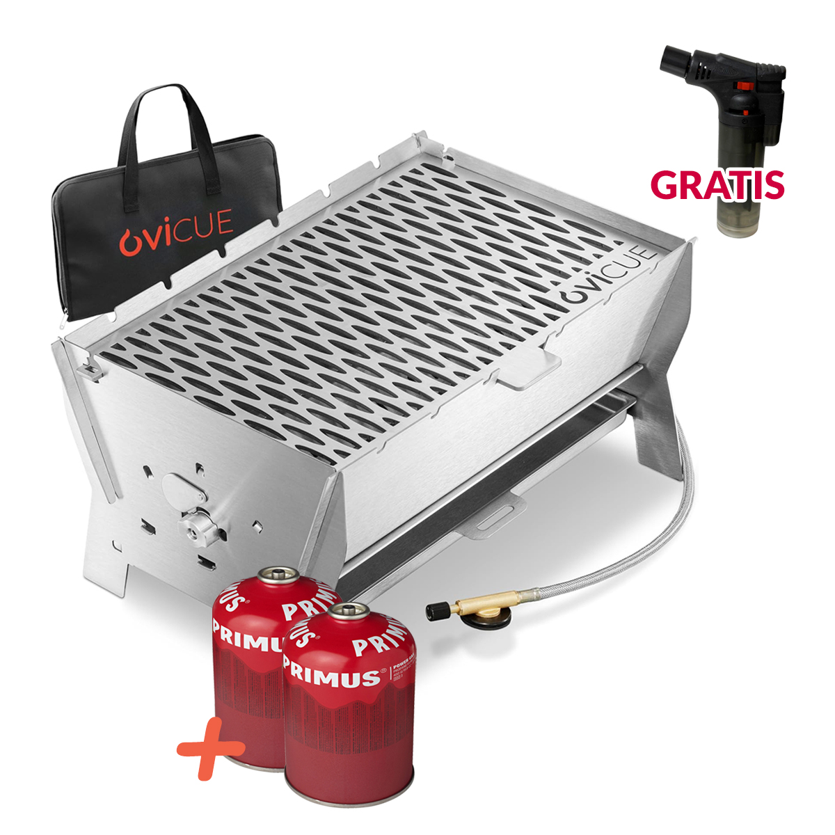 Ovicue L Kompaktgrill Set - Mobiler Gasgrill mit 3,5 kW Leistung und 2 450g PRIMUS Gaskartuschen von Ovibell