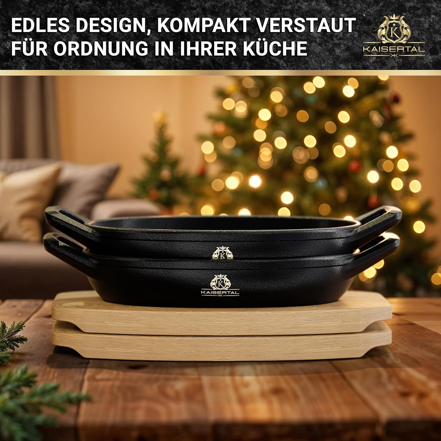 KAISERTAL Servierpfanne Gusseisen Oval 15x10 cm - Pfanne mit 2 Griffen & Holzuntersetzer von KAISERTAL