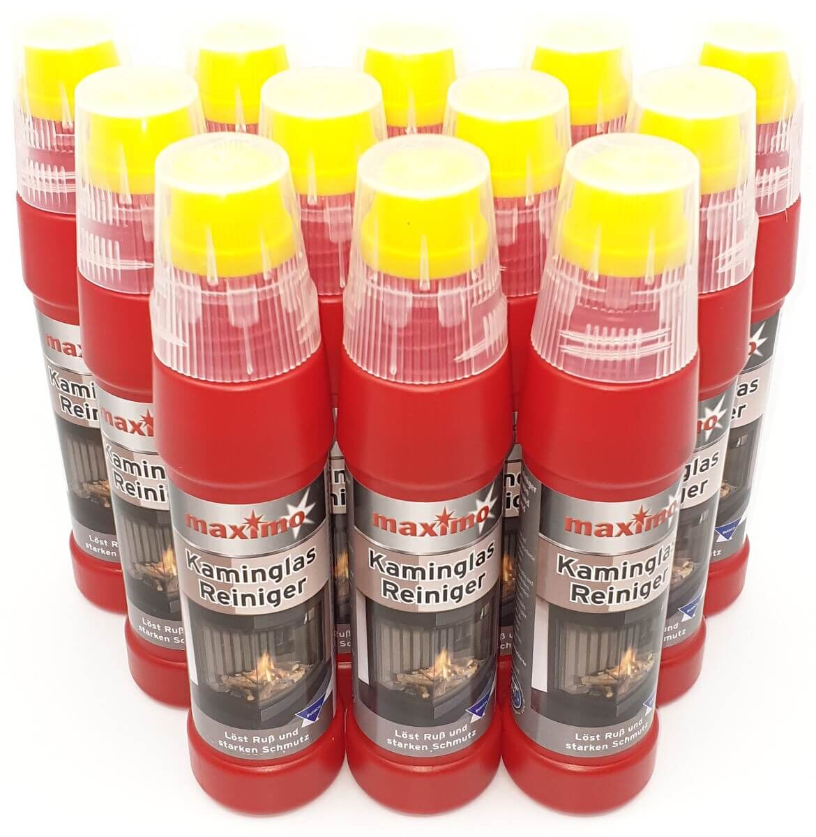 12x Spezial maximo Gel Kaminglas Reiniger gegen Ruß und Schmutz inkl. integrierter Bürste je 200ml von maximo