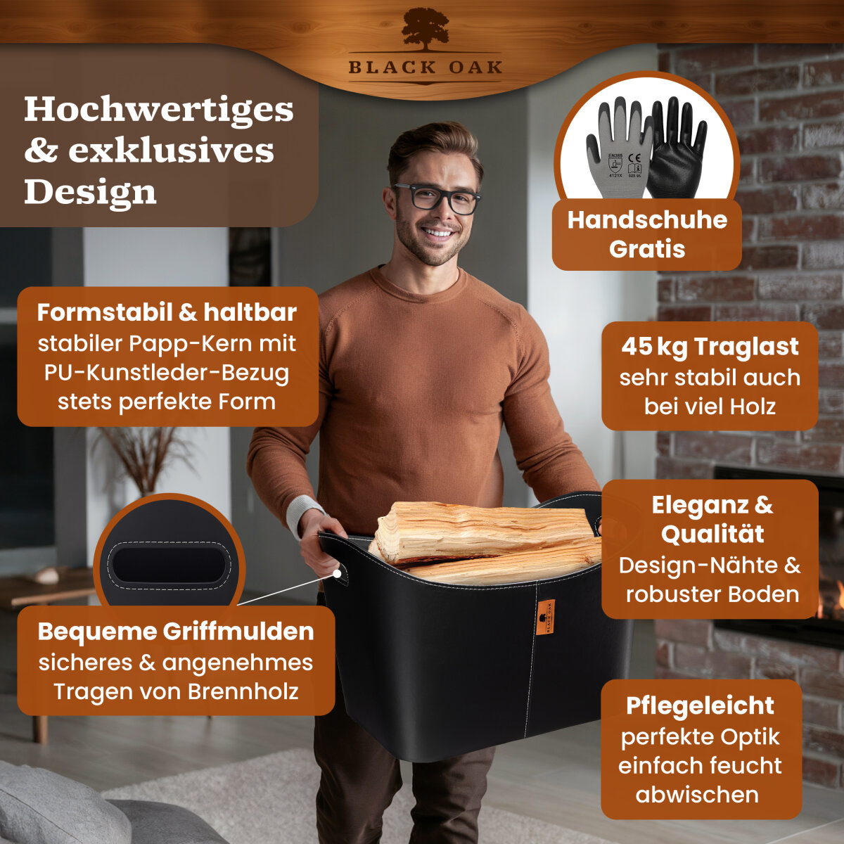 BLACK OAK DAKOTA XL 80L Holzkorb Kunstleder schwarz + Handschuhe grau von BLACK OAK